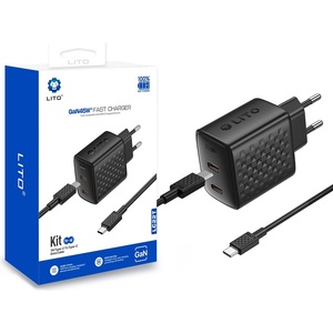 LITO Зарядно устройство Lito - (LC22T) - с включен кабел Type-C, 2x Type-C изход, PD45W, GaN, PC Fireproof, EU щепсел - Черен