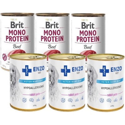 Brit mono protein beef 3 x 400 g & Enzo Vet hypoalergénne krmivo s králikom 3 x 400 g
