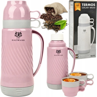 Karl Hausmann termoska se skleněnou vložkou + 2 hrnky 600 ml růžová