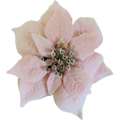 POINSETIA (vianočná ruža) na štipci, osnežená RUŽOVÁ 22cm