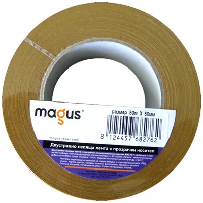MAGUS ЛЕНТА MAGUS ДВУСТРАННО ЛЕПЯЩА 50м x 25мм ПРОЗР. НОСИТЕЛ (8723)