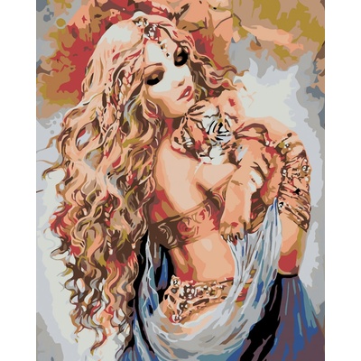 zuty malování podle čísel Krásná žena a tygří mládě 80 x 100 cm bez rámu a bez vypnutí plátna