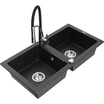Mexen Mario двоен гранитен мивка с кухненски смесител Aster, черен/златен металик - 6504-75-73450-07 (6504-75-73450-07)