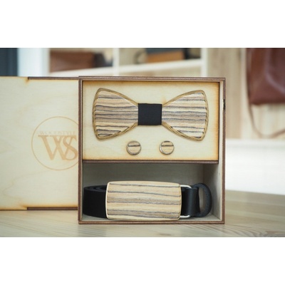 Wood Style Set Kulatý Zebráno opasek motýlek a manžetové knoflíčky černá