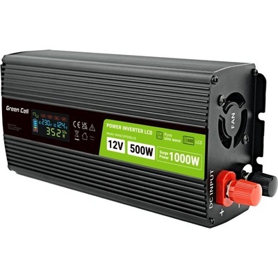 GREEN CELL Инвертор green cell, 12/220v, dc/ac, 500w/1000w invgc12p500lcd lcd, Чиста синусоида (gc-inv-12v-500w-gcp500lcd)