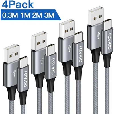 4 броя USB TYPE C кабели - 0.5м+1м+2м+3м найлонова оплетка, Data и бързо зареждане