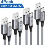  4 броя USB TYPE C кабели - 0.5м+1м+2м+3м найлонова оплетка, Data и бързо зареждане