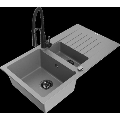 Mexen Matias гранитна мивка 1, 5-коморна с отцеждачка и кухненска батерия Aster, сива - 6502-71-73450-70-B (6502-71-73450-70-B)