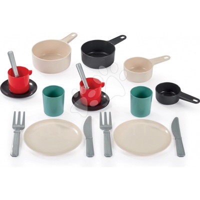 Écoiffier Pánev s jídelní soupravou 100% Chef 32 cm s hrnci talíři příbory šálky 18 dílů od 18 měsíců