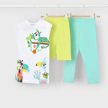 Mayoral Комплект 2 клина аква и лайн с бяла тениска с животни за мини момиче Майорал