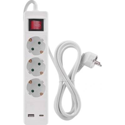 EMOS Разклонител Emos - P1322CU, 3 гнезда, 1x USB-A & 1x USB-C, 2 m, бял (1922130203)