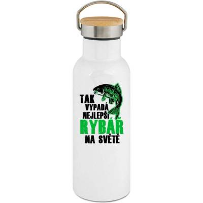 123TRIKO termoska Tak vypadá nejlepší rybář na světě. Bílý a zelený tisk. 500 ml rybaření