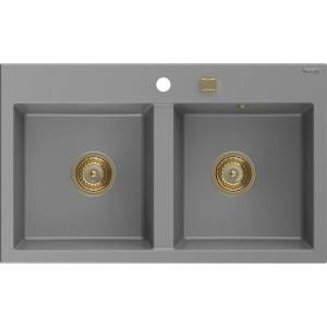 Mexen Hektor гранитна кухненска мивка с 2 отделения 800 x 480 mm, сива, сифон златен - 6521802000-71-G (6521802000-71-G) Мивка за вграждане
