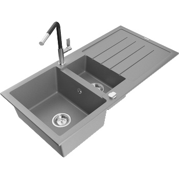 Mexen Andres гранитна мивка 1, 5-камерна с отцедник и кухненски смесител Flora, сив - 6515-71-670401-07 (6515-71-670401-07)