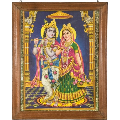 Sanu Babu Krišna a Radha, starý obraz v teakovém rámu, 66x81cm