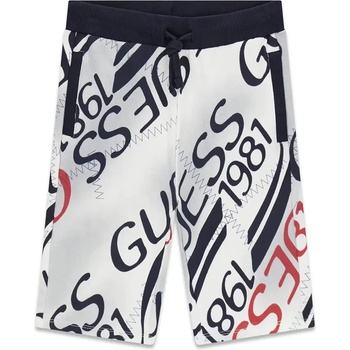Guess Къси спортни панталони за момче в мръсно бяло с тъмно сини детайли и надписи Guess