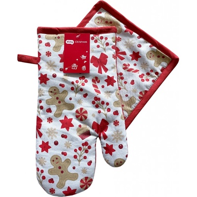 Kuchyňský set rukavice/chňapka CHRISTMASSY bílá/červená 18x30 cm/20X20 cm ESSEX