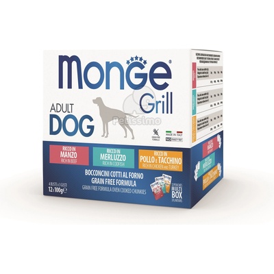 Monge Grill Dog Adult смесени закуски - говеждо, треска, пилешко и пуешко 12 x 100 г