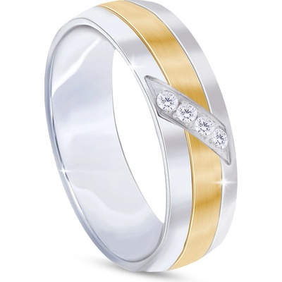 Biju Prsten z chirurgické oceli se zlatým proužkem a zirkony 4000445
