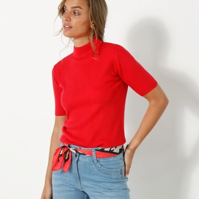 Blancheporte Vrúbkovaný jednofarebný pulóver s krátkym rukávom červená