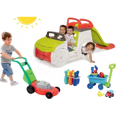 Smoby set prolézačka Adventure Car a Écoiffier sekačka vozík a kuželky