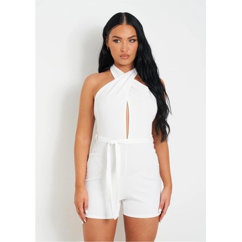 Image 1 of Missy Empire Гащеризон Missy Empire Crinkle Jersey Cross Tie Neck Playsuit - White