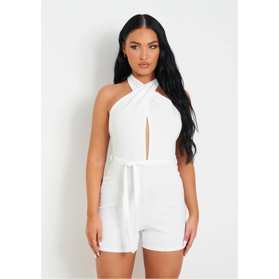 Missy Empire Гащеризон Missy Empire Crinkle Jersey Cross Tie Neck Playsuit - White