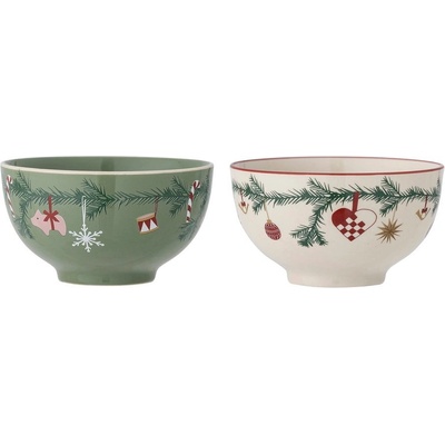 Bloomingville Bílo zelené misky s vánočním motivem z kameniny 2 ks ø 14 cm