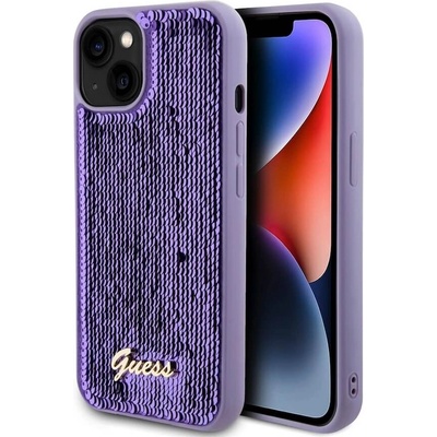GUESS Sequin Script Logo Case - дизайнерски силиконов кейс за iPhone 13 (лилав)