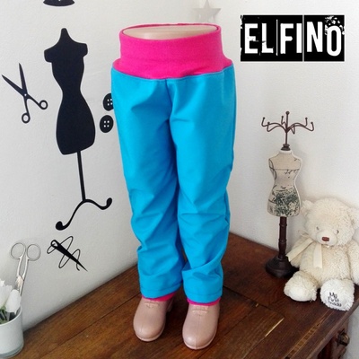 Dětské softshellové kalhoty bez kapes s fleecem modré s růžovým nápletem