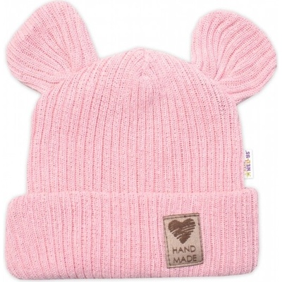 Baby Nellys Pletená bavlněná čepice s oušky dvouvrstvá Hand Made růžová