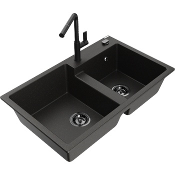 Mexen Tomas гранитна кухненска мивка с 2 камери и кухненски смесител Flora, черен/златен металик - 6516-75-670401-70-B (6516-75-670401-70-B)