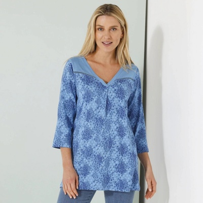 Tunika s 3 4 rukávmi potlačou a háčkovaným zdobením modrá nám.modrá