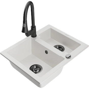 Mexen Carlos гранитна мивка 1, 5-коморова с кухненски смесител Elia, бял - 6518-20-670101-70 (6518-20-670101-70)