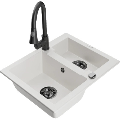 Mexen Carlos гранитна мивка 1, 5-коморова с кухненски смесител Elia, бял - 6518-20-670101-70 (6518-20-670101-70)