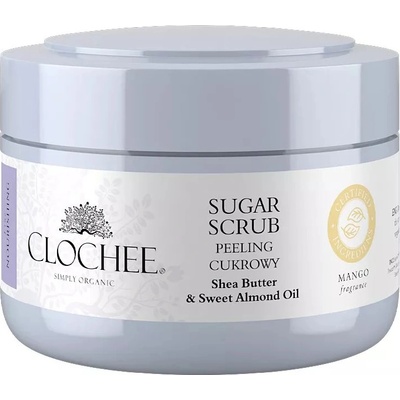 Clochee Simply Organic cukrový peeling na telo Mango Fragrance Shea Butter & Raspberry Seeds 250 ml