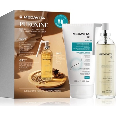 Medavita Puroxine Medavita Puroxine Instant Anti-Dandruff Shampoo šampón proti lupinám 150 ml + Medavita Puroxine Lotion Spray tonikum pre pokožku hlavy 100 ml