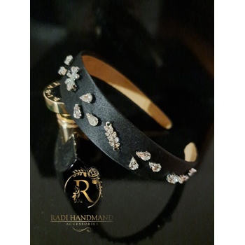 Radi handmade Широка черна диадема с метално цвете и камъни (919)