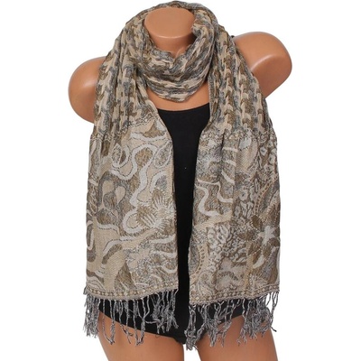 Ефектен бежов шал с цветя и орнаменти
