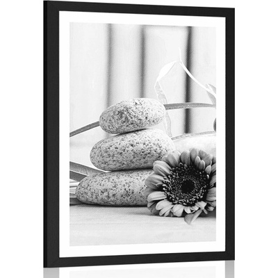 Plakát s paspartou meditační a wellness zátiší v černobílém provedení - 40x60 no frame