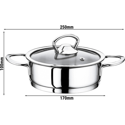 G.Gastro Rendlík / s víkem Nerezová ocel 1 l 16 cm Výška: 5 cm 170x250x50 mm s vhodný pro všechny typy sporáků včetně indukce; tepelně odolnými, chladnými úchyty; rovnoměrnou distribucí