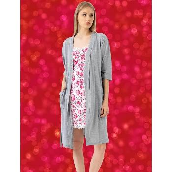 Комплект халат и нощница в сиво и бяло с мечета и сърца