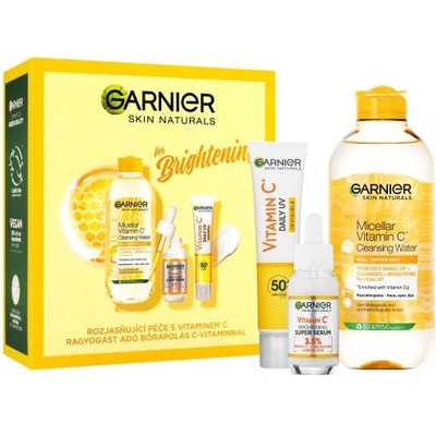 Skin Naturals Vitamin C for Brightening подаръчен комплект: серум за лице Skin Naturals Vitamin C Brightening Super Serum 30 ml + мицеларна вода Skin Naturals Micellar Vitamin C Cleansing Water 400 ml + флуид за лице Skin Naturals Vitamin C Daily