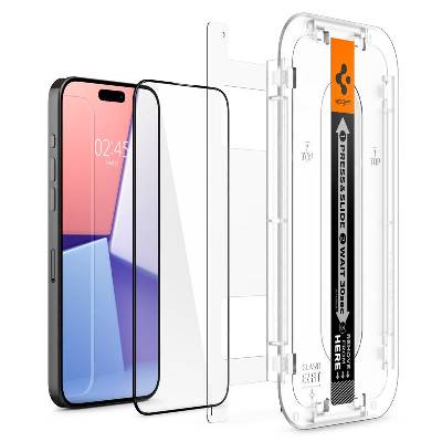 Стъклено защитно покритие за дисплея на iPhone 15 Pro - Spigen Glas. tR EZ Fit Full Cover Tempered Glass (черен-прозрачен) (AGL06899)