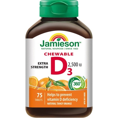 Jamieson Vitamín D3 2500 IU tablety na cmúľanie s príchuťou pomaranča 75 tabliet