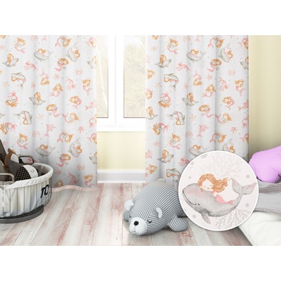 Biante Detský bavlnený záves Sandra SA-527 Ružové morské panny s delfínmi a veľrybami na bielom 150x140 cm