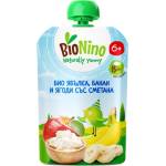 BioNino Био плодова закуска BioNino - Пауч с ябълка, банан и ягоди със сметана, 6 м+, 90 g (BN2539) - baby