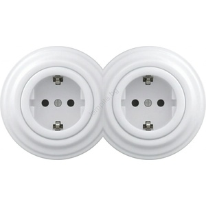 Kliklap - Двойна ретро домашна розетка с рамка SCHUKO 230V снежнобяла (KA0152C)