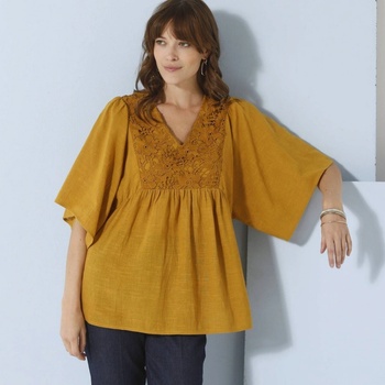 Tunika s čipkou a širokými 3 4 rukávmi šafranová