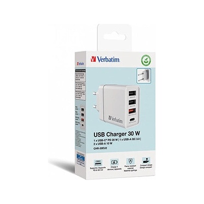 Verbatim Síťový adaptér 30W, 4 porty, 1x USB-C, 3x USB-A